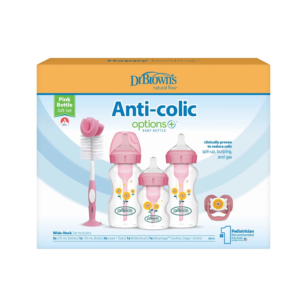 Dr. Brown’s Options+ Anti-colic Bottle Giftset | Brede halsfles roze - Afbeelding 4