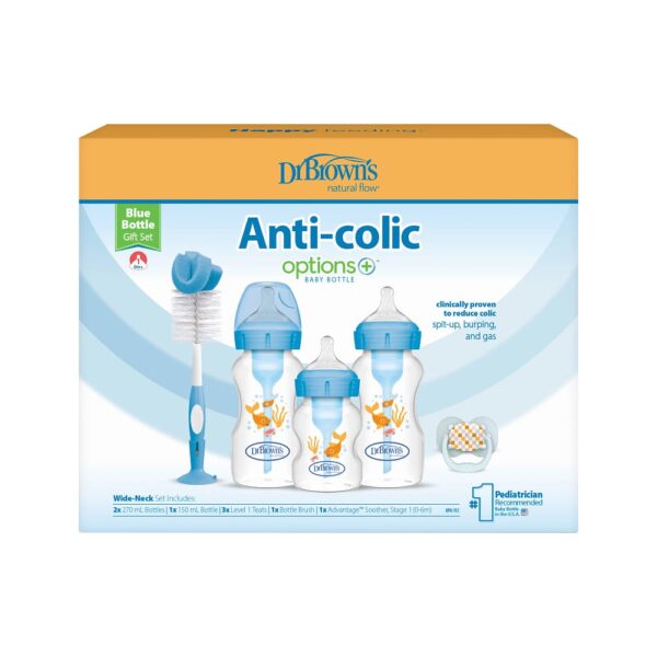 dr. brown’s options+ anti colic bottle giftset | brede halsfles blauw