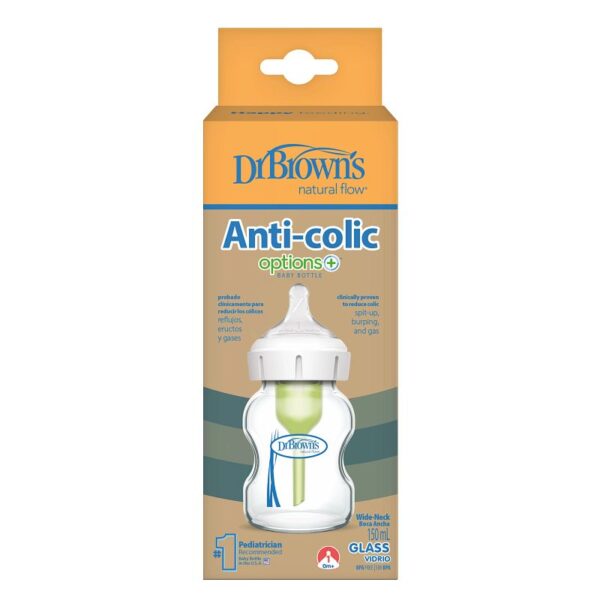 dr. brown’s options+ anti colic bottle | brede halsfles 150 ml glas