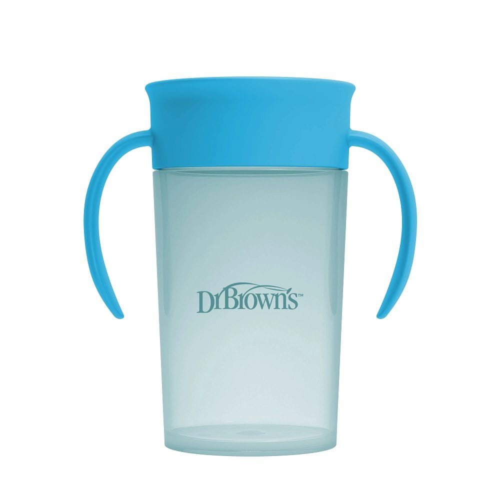 Blauwe straw to 360 cup set 300ml blauw cheers360 top 1 van Dr. Brown met twee handvatten zodat kinderen gemakkelijk zelf kunnen drinken. Deze drinkbeker of drinkfles van Dr. Brown of dr brown is een handige stap na het gebruik van een babyfles en helpt peuters zelfstandig drinken.