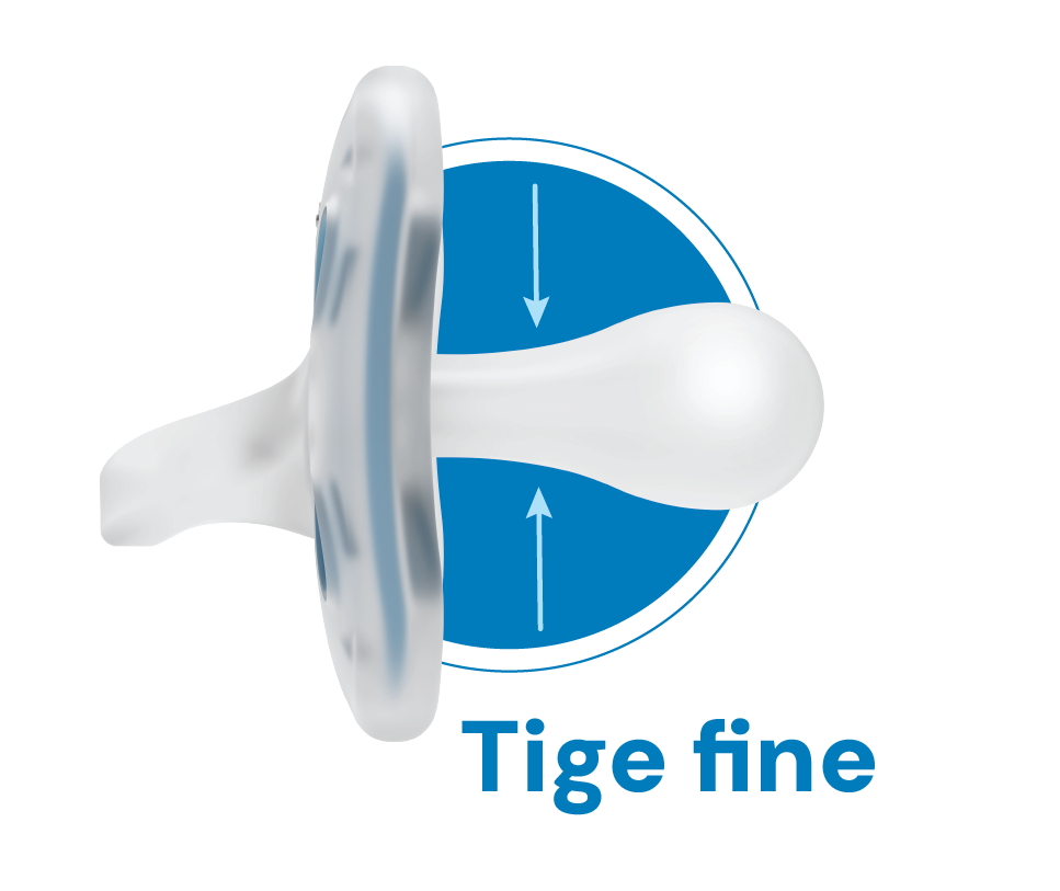 Biberon Dr. Brown’s pour bébé, vue de profil d’une tétine avec des flèches indiquant sa souplesse et le texte « Tige fine » sur fond bleu