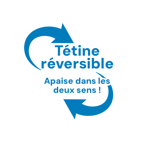 Biberon Dr. Brown’s pour bébé, illustration représentant deux flèches bleues dans un cercle symbolisant la réversibilité, accompagnée du texte « tétine réversible apaise dans les deux sens », indiquant que la tétine peut être utilisée des deux côtés