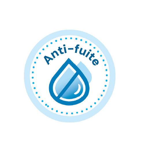 Biberon Dr. Brown’s pour bébé, avec un pictogramme rond représentant une goutte d’eau et la mention « anti-fuites », indiquant que le biberon est étanche et ne laisse pas échapper le lait
