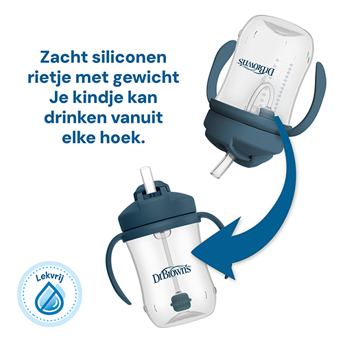 Dr. Brown’s graphic babyfles voor baby, illustratie van een drinkbeker met handvatten en een zacht siliconen rietje met gewicht die gekanteld wordt met een pijl om te tonen dat een baby vanuit elke hoek kan drinken, met tekst zacht siliconen rietje met gewicht en lekvrij pictogram