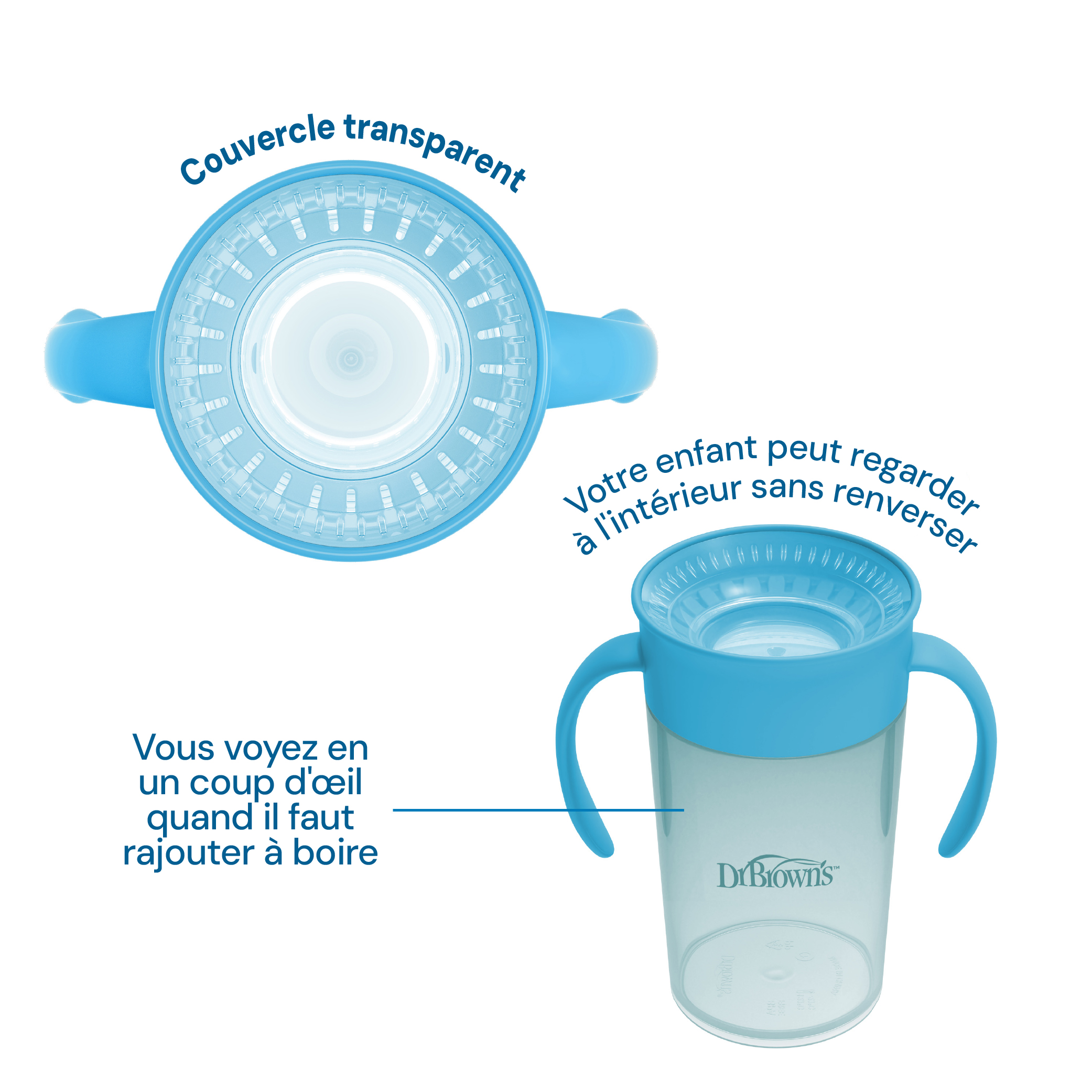 Gobelet « Straw to 360° » de Dr. Brown’s, doté d’un rebord en silicone transparent et d’une valve transparente, permettant à votre enfant de voir à l’intérieur du gobelet et à vous de vérifier son niveau de remplissage.