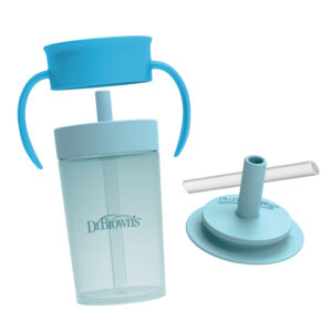 Dr. Brown’s Straw to 360° Cup met handvatten, rietjesdeksel en extra siliconen rietje en ventiel.