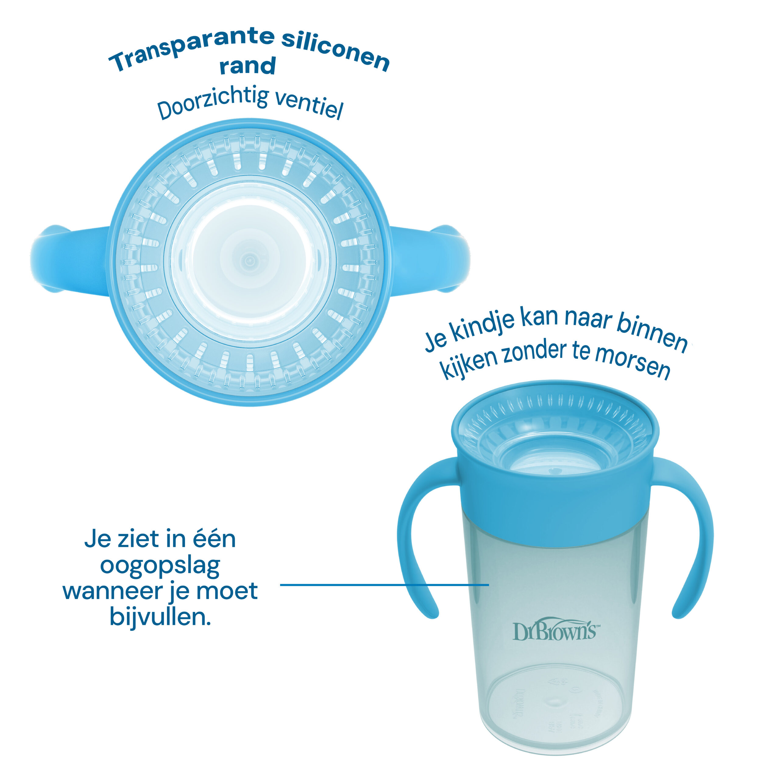 Dr. Brown’s Straw to 360° Cup met transparante siliconen rand en doorzichtig ventiel, zodat je kindje in de beker kan kijken en je het vulniveau ziet.